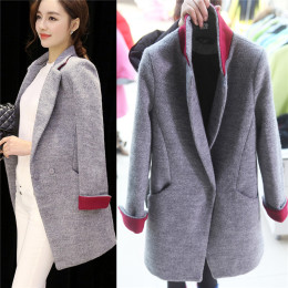 2015春装新款韩版修身显瘦羊毛呢外套中长款西装领毛呢大衣女装