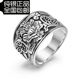 S925纯银戒指欧美复古男女士朋克罗心花卉宽面泰银指环个性时尚