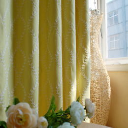 北欧宜家客厅窗帘田园涤棉鲁绣布料成品窗帘定制黄绿色清新大气