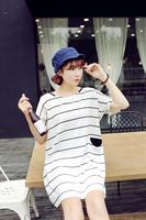2014夏装新款韩版大码女装海军风宽松大版条纹中长款短袖女t恤