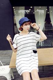 2014夏装新款韩版大码女装海军风宽松大版条纹中长款短袖女t恤