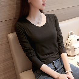 韩版新款女装长袖t恤纯色圆领修身显瘦上衣春秋打底衫学生套头衫