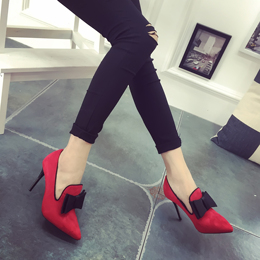 2016新款韩版蝴蝶结女鞋红色鞋子黑色高跟鞋细跟单鞋尖头鞋春秋潮