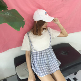 2016夏季新款韩版格子拼接清新假两件百搭背带学生裙短袖上衣女潮