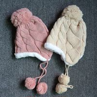 韩版秋冬季加绒厚球球麻花双层宝宝针织男女儿童可爱护耳毛线帽子