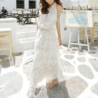 2016夏韩国波西米亚修身长裙女镂空花朵沙滩裙优质双层白色度假裙