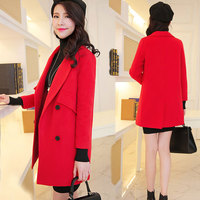 2015冬装新款大红色呢大衣女装中长款直筒双排扣加厚细羊毛呢外套