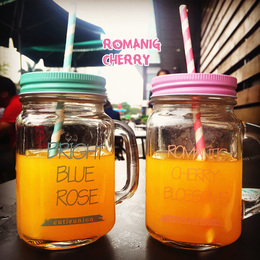 韩国创意吸管罐头杯个性情侣彩色柠檬果汁饮料玻璃水杯带盖公鸡杯