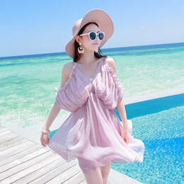 新款波西米亚露肩雪纺纯色短裙蝙蝠袖连衣裙海边度假沙滩裙
