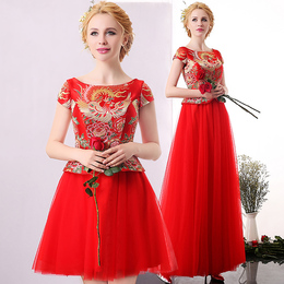 法吉狮新娘敬酒2016新款中式时尚结婚红色婚纱礼服长款改良旗袍