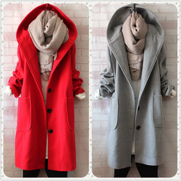 2015冬季新款韩版时尚大码女装连帽羊毛大衣宽松中长款毛呢外套女