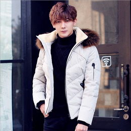 2015冬季新款连帽鸭羽绒服毛领男青年潮男装纯色韩版修身加厚外套