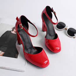红色婚鞋2016夏季新品小白鞋凉鞋粗跟纯色气质高跟女鞋上班鞋韩版