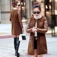 棉衣女中长款2015冬装韩版修身显瘦拼接羊羔毛时尚羽绒棉服厚外套
