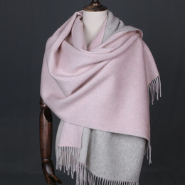 羊毛围巾400克保暖秋冬女士长款双面羊绒披肩围巾两用加厚 灰粉色