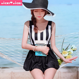 VICKI新款 韩国女式性感裙式遮肚显瘦时尚保守连体泡温泉条纹泳衣