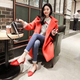 2015韩国同款冬季纯色中长款羊毛呢大衣 女简约OL气质毛呢外套