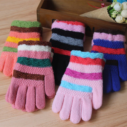 冬季时尚新款男女宝宝保暖条纹手套儿童五指针织手套学生手套