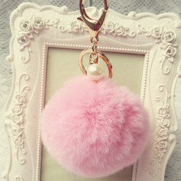 夏季新款韩国汽车钥匙扣钥匙圈可爱獭兔珍珠大毛毛球挂件包包挂饰
