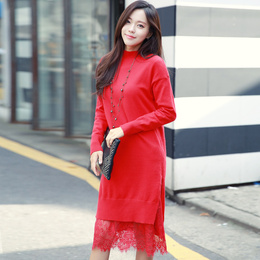 2015秋冬新款韩版针织时尚中长款半高领修身蕾丝连衣裙毛衣女