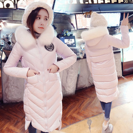 韩版2015冬装新款加厚连帽长袖大毛领直筒羽绒服女中长款过膝外套