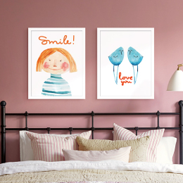 水彩装饰画创意小微笑女孩可爱简约卧室挂画床头温馨儿童房间壁画