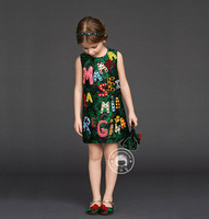 欧美童装2016春季新款 女童字母贴钻背心裙 儿童简洁气质连衣裙子