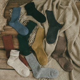 靴下物秋冬新品复古纯色羊毛女士短袜子条纹堆堆袜基础款保暖靴袜