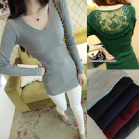 2015新款秋装V领上衣韩版修身长袖t恤 女 中长款显瘦蕾丝打底衫