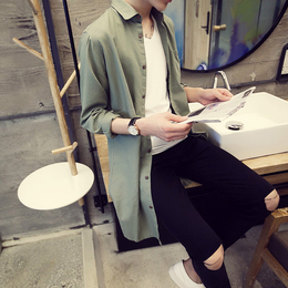 夏季韩版男士春装中长款长袖衬衫薄外套gd权志龙同款薄风衣潮衣服