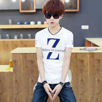 夏季男士短袖T恤 青少年韩版修身T血学生V领半袖打底衫潮男半截袖