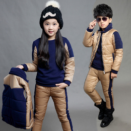 2015冬装新款女童韩版中大童套装拼色加厚男童卫衣三件套休闲童装