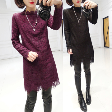 冬装新款韩版2015修身加绒加厚中长款长袖蕾丝连衣裙打底裙女装潮