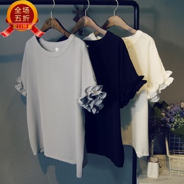 2015夏季新品 韩版圆领花边袖纯色雪纺短袖T恤/衬衫荷叶袖公主T恤