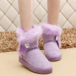 2015冬季新款欧美水钻大毛加厚棉靴圆头中筒靴平底雪地靴短靴女靴