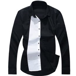 2015新款男装衬衫 男士长袖衬衫 黑白拼色衬衫 韩版修身潮男衬衣
