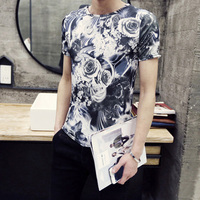 夏韩版潮流短袖T恤男修身型个性原宿碎花纹半截袖大码小衫上衣服