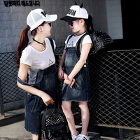 夏季新款韩版母女装牛仔连衣裙两件套大码修身显瘦亲子装背带裙潮