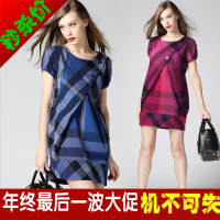 香港代购高端女装2015夏季新款欧美宽松灯笼短袖英伦格子OL连衣裙