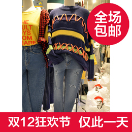 韩国代购stylenanda同款撞色条纹韩版气质宽松毛衣