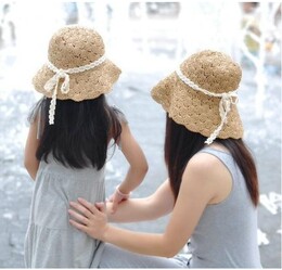 韩版手工钩编亲子草帽折叠女沙滩帽儿童夏季遮阳帽海滩渡假渔夫帽