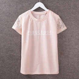 2015春新款 韩版时尚印花字母蕾丝拼接弹力修身短袖 T恤 女