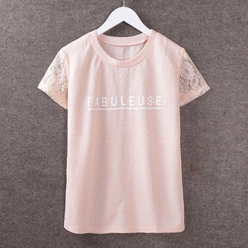 2015春新款 韩版时尚印花字母蕾丝拼接弹力修身短袖 T恤 女