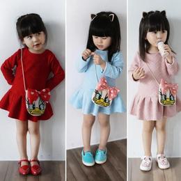 韩版童装2015秋季新款女童卡通蝴蝶结挎包长袖连衣裙 儿童公主裙