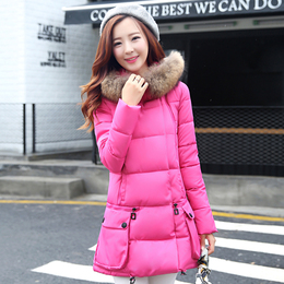 2015冬装新款韩版修身加厚可拆卸毛领斗篷型中长款羽绒衣棉服女