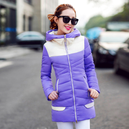 特价新款2015新款韩版拼色轻薄羽绒棉服女中长款修身冬装外套潮