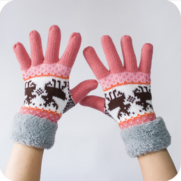韩版新款可爱糖果色毛圈保暖五指分指双层加厚手套女冬季毛线雪花