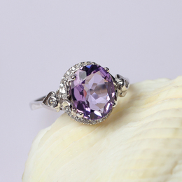 天然紫水晶戒指925纯银镀18K金戒指时尚女戒彩宝戒指锆石镶嵌