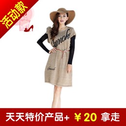 2015秋装新品韩版 女装镂空英文字母中 长款 针织衫毛衣 配腰带