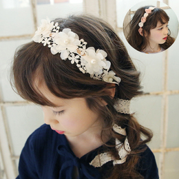 韩国韩版儿童发箍女童花朵蕾丝飘带发带演出发饰珍珠发带公主配饰